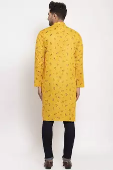 Men Yellow Cotton Printed Straight Kurta
