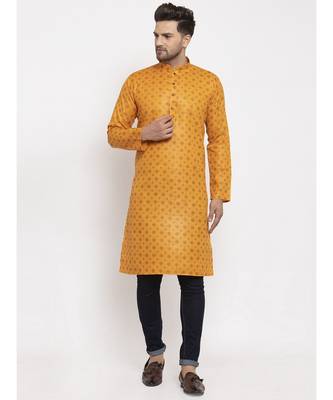 Men Mustard Cotton Printed Straight Kurta 1