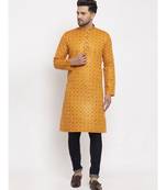 Men Mustard Cotton Printed Straight Kurta
