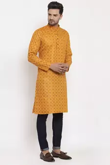 Men Mustard Cotton Printed Straight Kurta