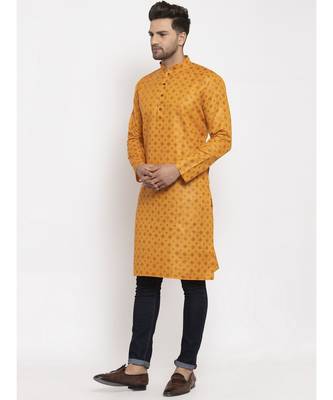 Men Mustard Cotton Printed Straight Kurta 3