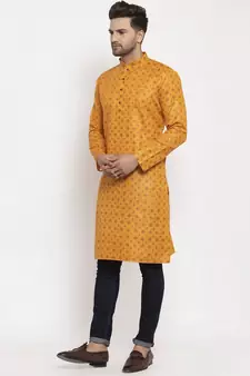 Men Mustard Cotton Printed Straight Kurta