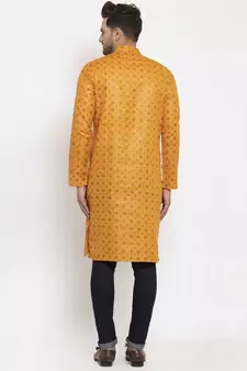 Men Mustard Cotton Printed Straight Kurta