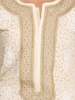 Ada Hand Embroidered Beige Cotton Lucknow Chikan Women Kurta - A253964 4