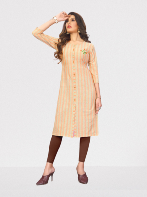 Cotton Silk Women Straight Stripe Kurta Kurti KE_COCKTAIL_ORANGE 1