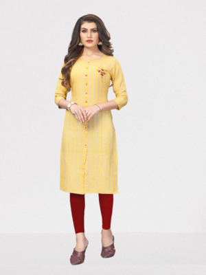 Cotton Silk Women Straight Stripe Kurta Kurti KE_COCKTAIL_YELLOW 1