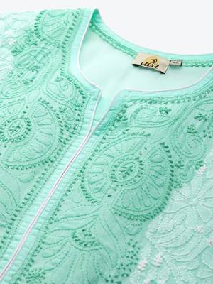 Ada Women Hand Embroidered Sea Green Cotton Lucknow Chikankari Kurta - A254199 9