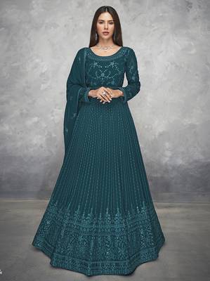 Teal embroidered georgette salwar 1