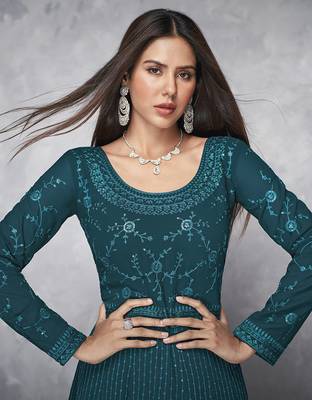 Teal embroidered georgette salwar 2