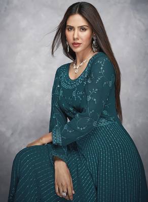Teal embroidered georgette salwar 3