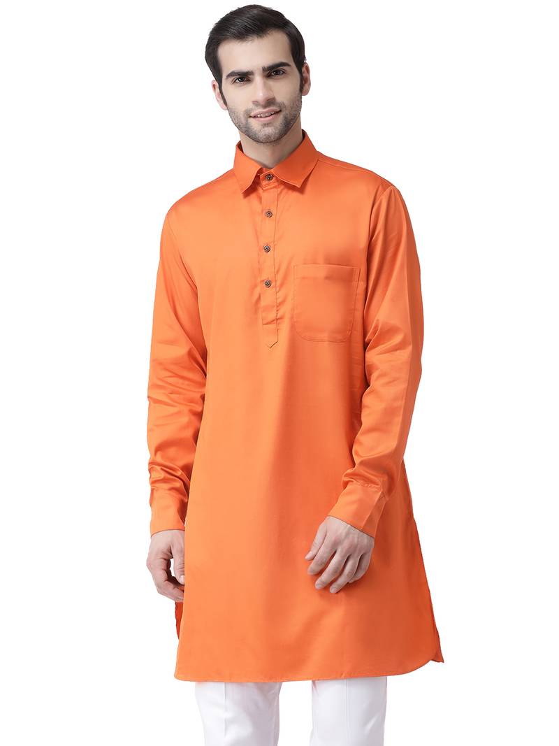 Orange Cotton plain stitched kurta with pajama