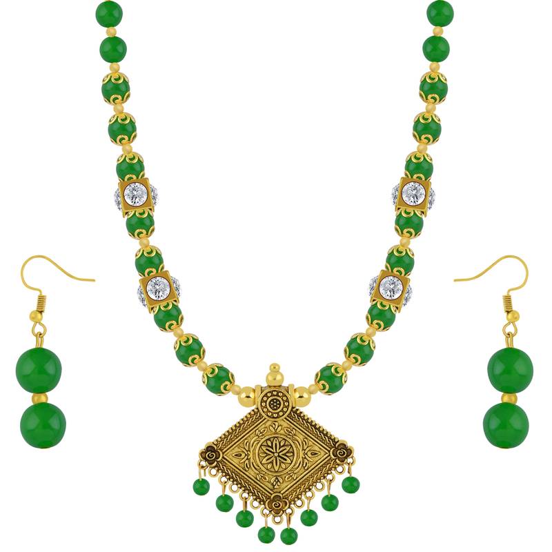 Green Pearl Necklace Set Mala Jewellery For Women And Girls