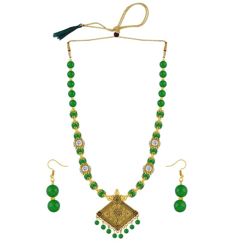 Green Pearl Necklace Set Mala Jewellery For Women And Girls