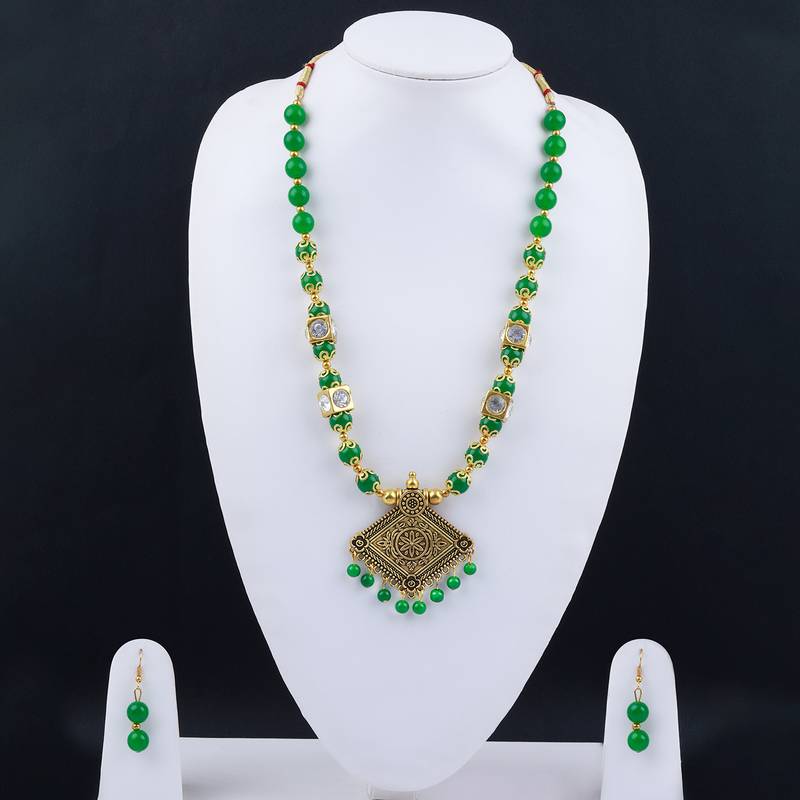 Green Pearl Necklace Set Mala Jewellery For Women And Girls