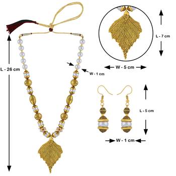 Fancy Gold Plated Leave Desgine Pendant Mala Pearl Necklace Set For Women Girls 5