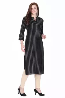Black printed rayon long-kurtis