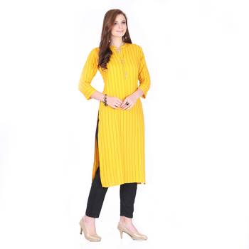 Yellow printed rayon long-kurtis 3