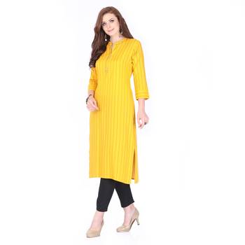 Yellow printed rayon long-kurtis 4