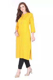 Yellow printed rayon long-kurtis