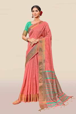 Peach woven banarasi silk saree with blouse 1