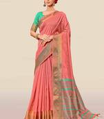 Peach woven banarasi silk saree with blouse