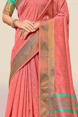 Peach woven banarasi silk saree with blouse 2