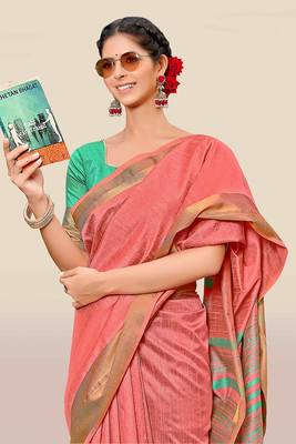 Peach woven banarasi silk saree with blouse 3