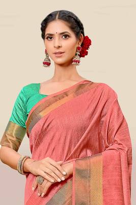 Peach woven banarasi silk saree with blouse 4