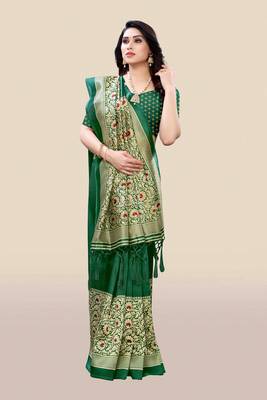 Green printed art silk saree with blouse 1