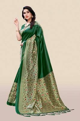 Green printed art silk saree with blouse 3