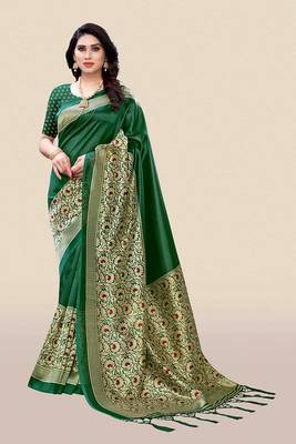 Green printed art silk saree with blouse 4