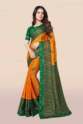 Mustard printed chiffon saree with blouse 1