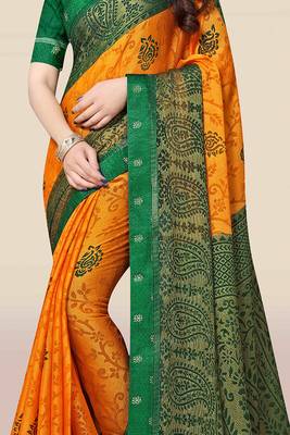 Mustard printed chiffon saree with blouse 2
