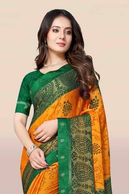 Mustard printed chiffon saree with blouse 4