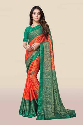 Orange printed chiffon saree with blouse 1