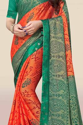 Orange printed chiffon saree with blouse 2