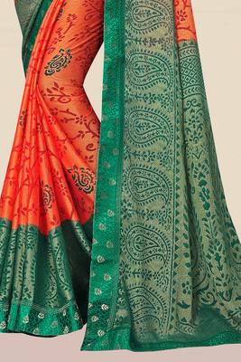 Orange printed chiffon saree with blouse 3