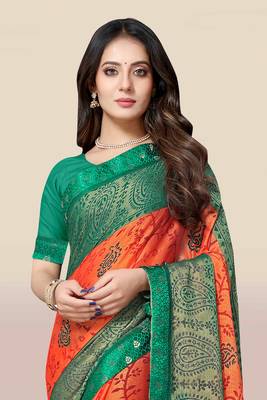 Orange printed chiffon saree with blouse 4