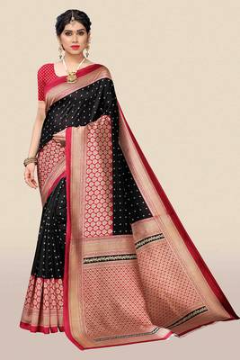 Black printed art silk saree with blouse 1