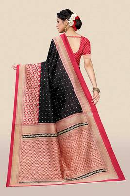 Black printed art silk saree with blouse 2
