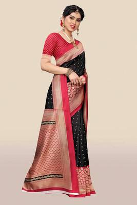 Black printed art silk saree with blouse 3