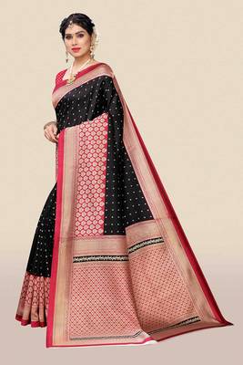 Black printed art silk saree with blouse 4