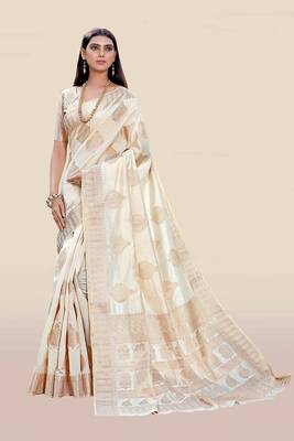 Cream woven banarasi silk saree with blouse 1