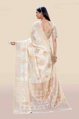 Cream woven banarasi silk saree with blouse 2