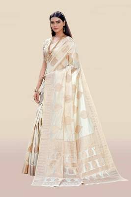 Cream woven banarasi silk saree with blouse 3