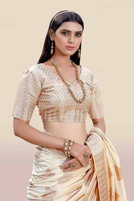 Cream woven banarasi silk saree with blouse 5