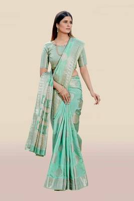 Turquoise woven banarasi silk saree with blouse 1