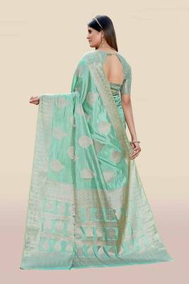 Turquoise woven banarasi silk saree with blouse 2