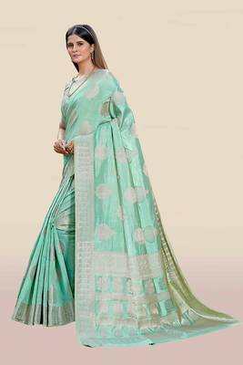 Turquoise woven banarasi silk saree with blouse 3
