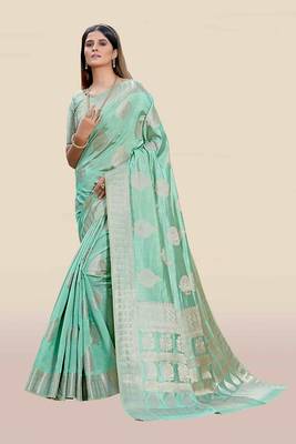 Turquoise woven banarasi silk saree with blouse 4